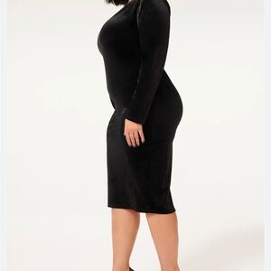 NEW-Good American Black Velvet Deep V Midi Dress, Stretch form fitting fabric.